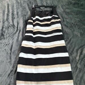 White House Black Market Black, White, and Tan Striped Midi Dress